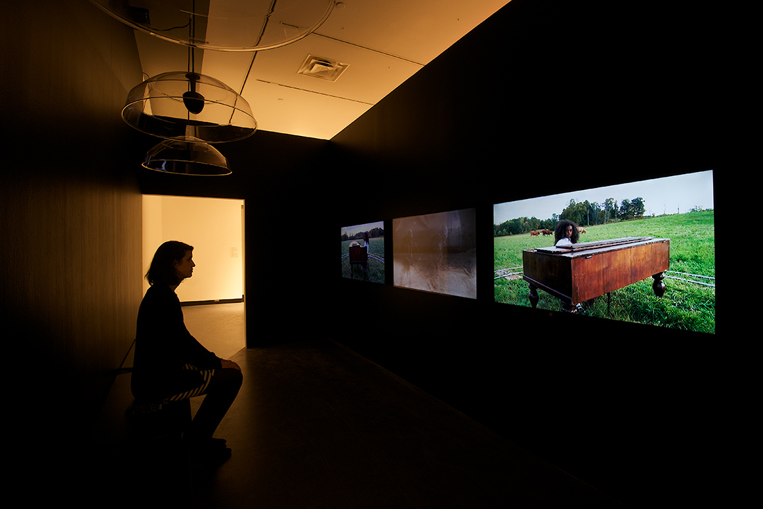 nichola feldman-kiss, after, Africa \ “So long, Farewell” (sunset) / a yard of ashes (continuous cross dissolve) / “Oh! How I hate to get up in the morning!” (sunrise) (2012). Installation view at the Ottawa Art Gallery.