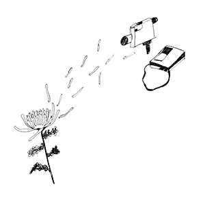 Line drawing of a flower being filmed by an old PortaPak video camera