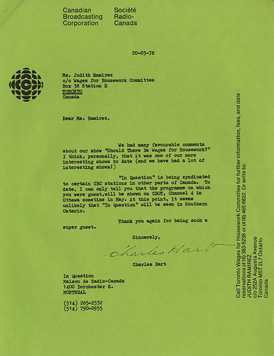 Wages for Housework Committee letter from the CBC.