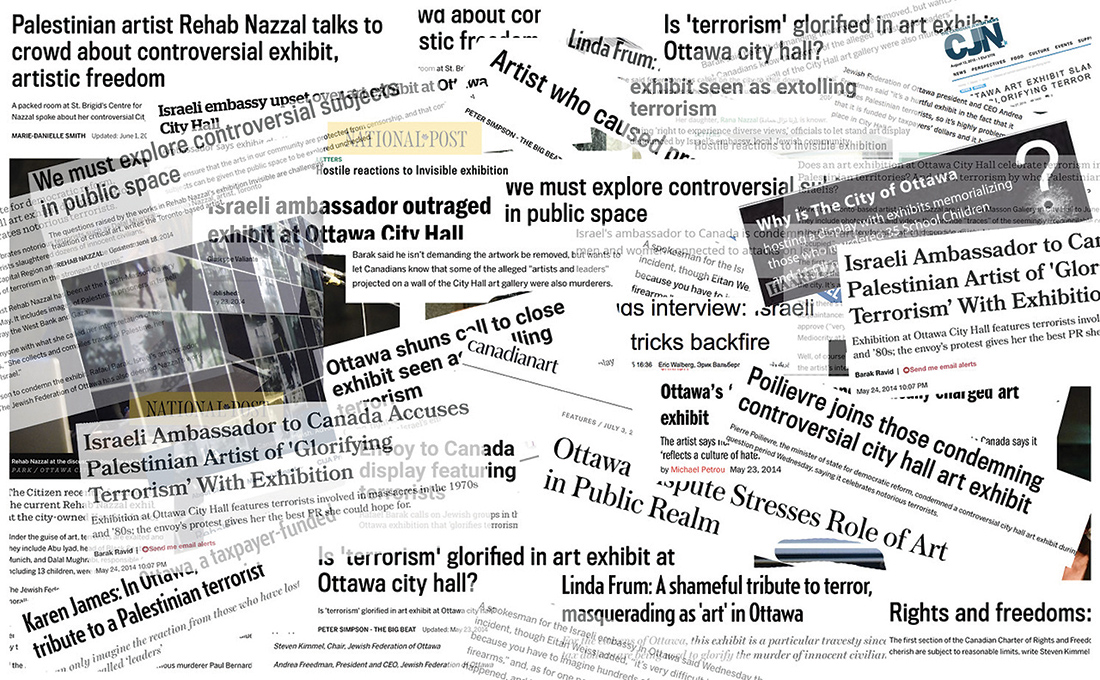 A composite of newspapers clips of articles that were published during the display of Invisible at Ottawa’s Karsh-Masson Gallery, May-June 2014