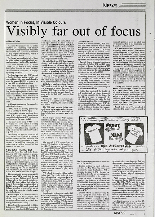 Image of Nancy Pollock reportage on the issue between Women In Focus and In Visible Colours in Kinesis, June 1991, p.5.