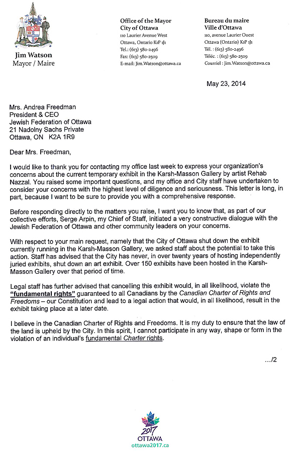 Scan of letter from Mayor of Ottawa to Andrea Freedman